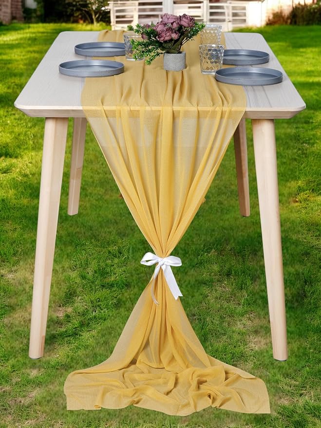 MDS 10 Pack 10ft Chiffon Table Runner 29 x 120 Inches Sheer Wedding Runner Romantic Rustic Table Runner for Wedding Decorations, Birthday Parties, Bridal Shower Party Arch Decor - Gold