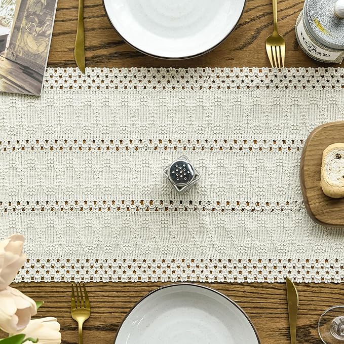 Artoid Mode Beige Farmhouse Woven Rustic Hollow Table Runner, Seasonal Holiday Hollow Kitchen Dining Table Decoration for Home Party Decor 12x90 Inch