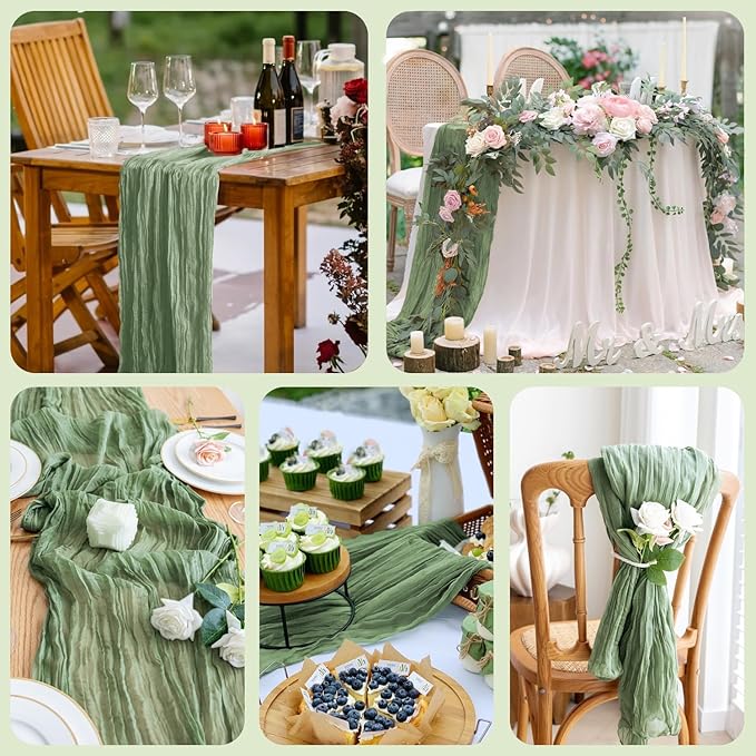 Asee'm 12pcs Cheesecloth Table Runner 120 Inches Sage Green Boho Gauze Cheese Cloth Runner 10FT Rustic Sheer Table Runners for Summer Wedding Baby Shower Holiday Party Decoration
