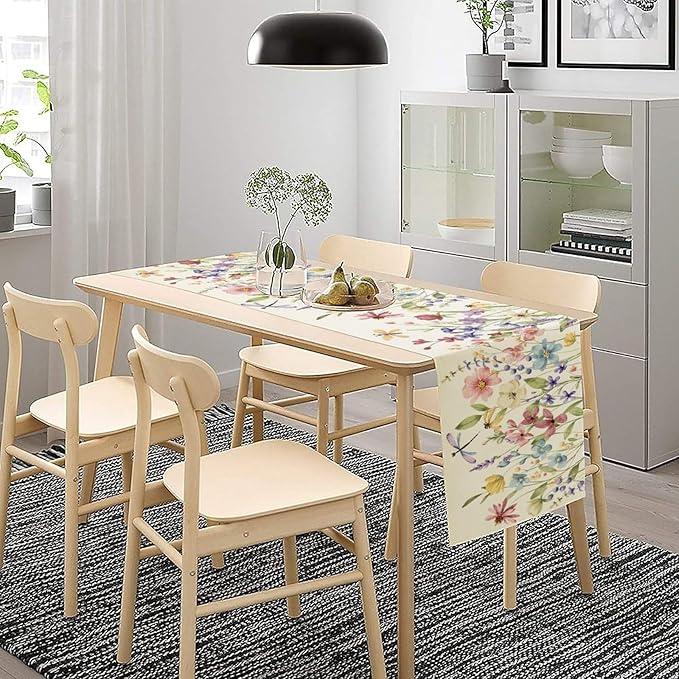 Watercolor Floral Table Runner, Colorful Spring Summer Nature Flower Dragonfly Pattern Print Table Runner for Kitchen Dinning Table Runner Decor Home Wedding Party Holiday, 13x120 Inch