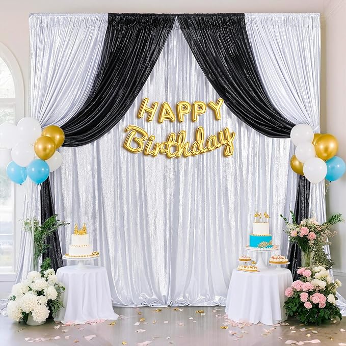 Silver Backdrop Curtains 4.8x8ft Sequin Photo Backdrop Drapes Curtains for Wedding Decorations Christmas Birthday Wrinkle Free Fabric