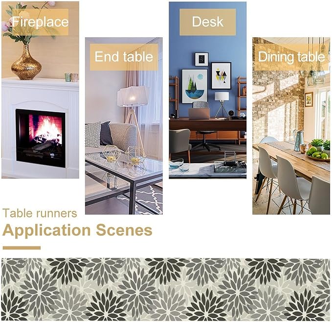 Gray Dahlia Flower Table Runner, Vintage Modern Linen Geometric Pattern Floral Table Runner Spring for Farmhouse Kitchen Dining Party Holiday Party, 13x108 Inch