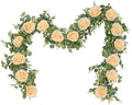 Dolicer 2Pcs 13Ft Artificial Eucalyptus Garlands with Flowers - 8 Roses, Faux Floral Greenery Garlands Fake Flowers Vines for Wedding Table Centerpieces Arch Party Ceremony Backdrop Decor (Champagne)