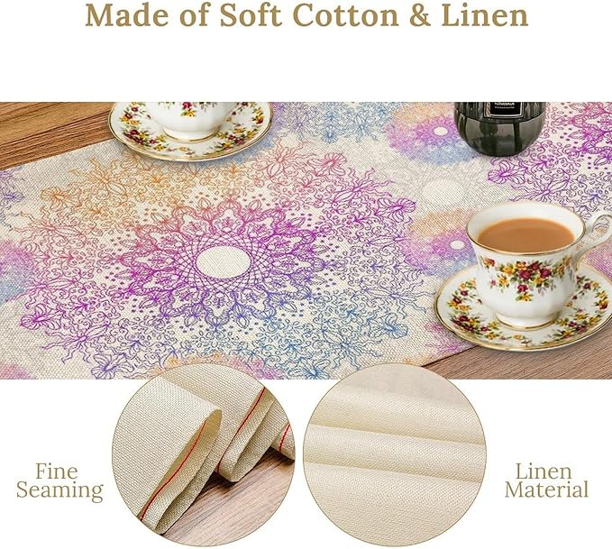 Oriental Mandala Table Runner, Traditional Bohemian Gradiently Purple Pink Blue Mandala Flower Table Runner for Farmhouse Cottage Kitchen Dining Table Decor, 13x90inch