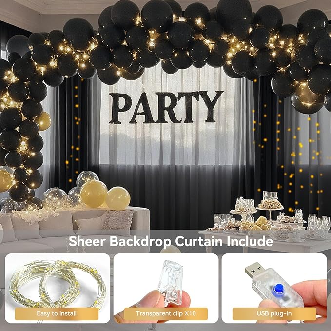 Ledido 10×8ft Tulle Backdrop Curtains with Lights String - 300LED Fairy Lights Sheer Curtain Backdrop for Weddings Baby Shower and Birthday Party Decorations(6 Panels 5×8ft)
