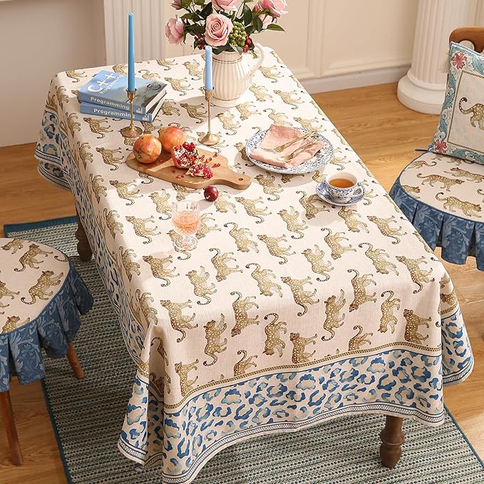 patdrea Designer Vintage Linen Long Table Cloth for Rectangle Table,Leopard Animal Pattern Soft Breathable Tablecloth,Decor Cover for Kitchen Dining,Christmas,Parties,Thanksgiving,63"x102"-from