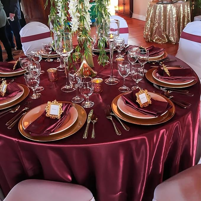 12 Pack 108 Inch Burgundy Satin Tablecloth - Silky Round Tablecloth Overlay Smooth Fabric Table Cover, Bright Table Decoration for Wedding Party Banquet Events Restaurant Kitchen Dining