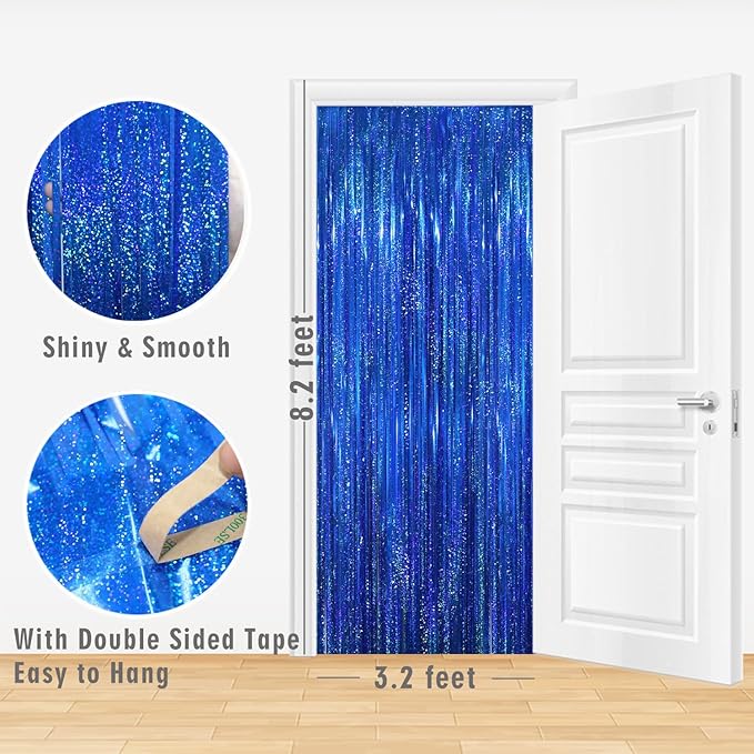 GOER 3.2 ft x 8.2 ft Metallic Tinsel Foil Fringe Curtains Party Photo Backdrop Party Streamers for Birthday,Graduation,New Year Eve Decorations Wedding Decor(5 Packs,Shiny Blue)