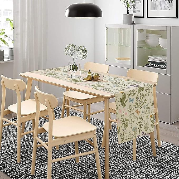 Floral Botanical Table Runner, Garden Spring Flower Botanical Butterfly Animal for Restaurant, Kitchen, Wedding, Party Rectangular Table Runner Decoration,13in（33cm） W * 36in（92cm） L