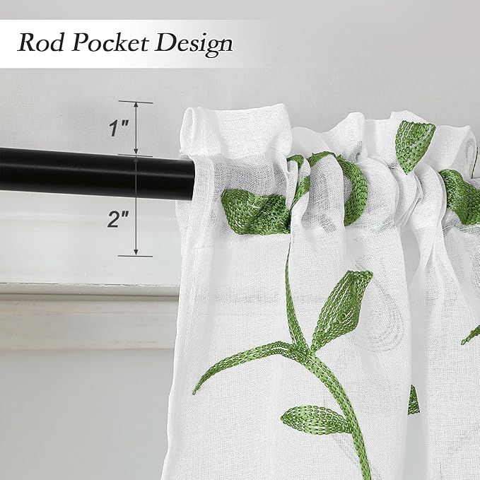 VISIONTEX Sheer Voile Curtain Valances, Decorative Leaves Embroidered, Rod Pocket Window Treatment for Kitchen/Rustic Bedroom/Living Room (54 x 16 Inch,1 Panel)