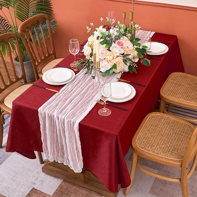 Fitable 2 Pack Faux Linen Christmas Tablecloths, Burlap Textured Fabric Table Clothes Rectangle, Rustic Decorative Table Covers for Winter Holiday Dinner Party Farmhouse (Red, 60 x 84 Inch)
