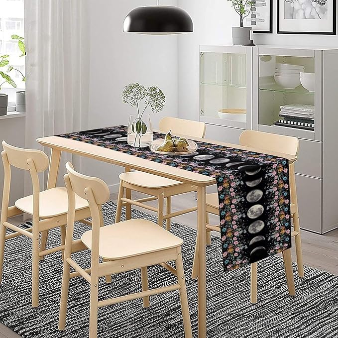 Boho Floral Moon Table Runner, Spring Flower Leaves Mystical Gothic Sun Moon Table Runner for Kitchen Dining Table Home Party,13x36 Inch Purple