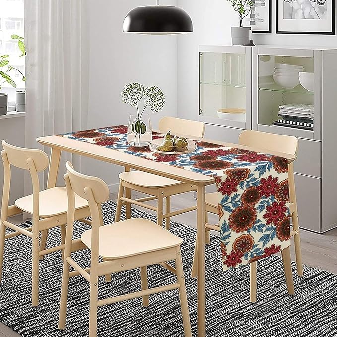 Mandala Flower Table Runner, Vintage Oriental Exotic Native Red Floral Blue Branch Leaves Botanical Print Table Runner for Farmhouse Kitchen Dining Table Decor, 13x36inch