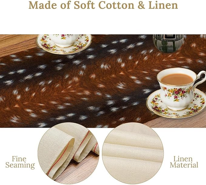 Deer Skin Table Runner Brown Fur Runner Black White Elk Deer Print Fur Western Print Cotton Linen Cottage Dinner Table Runners for Dining Room Kitchen Table Setting, 13x60 Inch