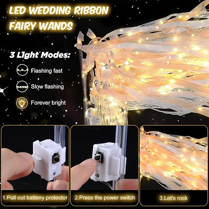 100 PCS Wedding Wands with Lights,Fairy Wands, LED Silk Fairy Wand with Bells for Wedding Send Off, New Year, Raves, Concert, Birthday