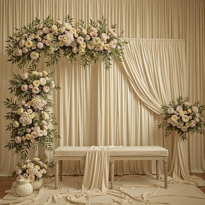 50ftx12ft Wrinkle Free Beige Backdrop Curtain, 10 Panels 12FT Height Beige Wedding Backdrop Drapes, Silky Polyester Back Drop Cloth for Birthday Photography Background Party Backdrop Draping