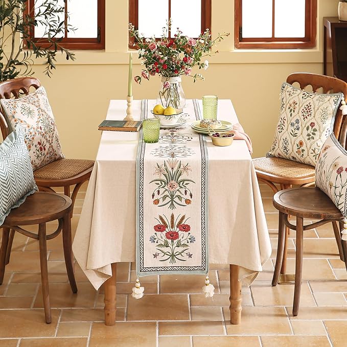 ISAENNE Designer French Country Linen Table Runner 102 Inches Long,Elegant Colorful Floral Pattern Table Runners for Dining Tables,Thanksgiving,Christmas,Kitchen Decor,12"*102"-Serenity F