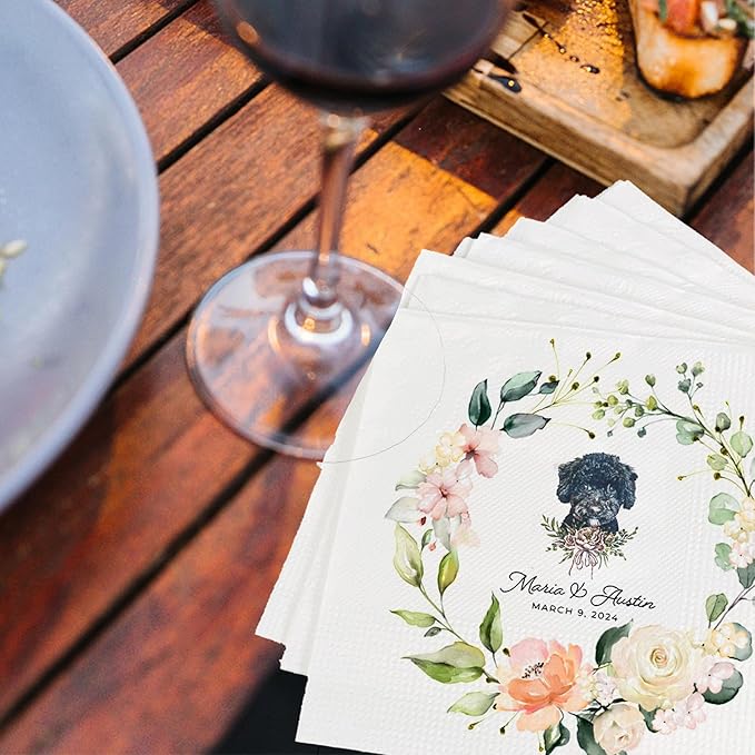 Luxury Personalized Dog Wedding Napkins, Personalized Cocktail Napkins For Bar, Customized Bridal Shower, Engagement Party