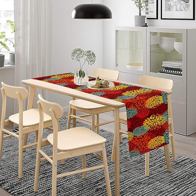 Red Yellow Dahlia Table Runner, Seasonal Autumn Thanksgiving Pattern Print for Home Kitchen Table Decor Dining Coffee Room Party Decor 13x60 Inch