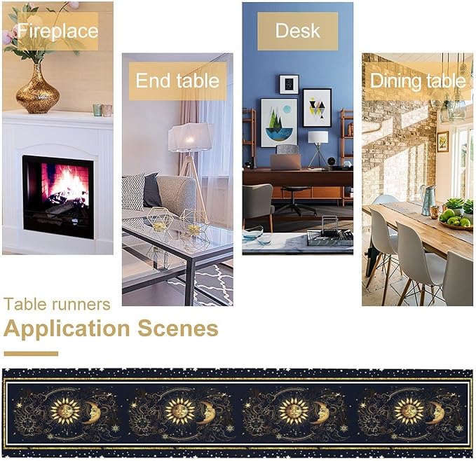 Sun Moon Table Runner, Seasonal Golden Sun Moon Holiday Kitchen Dining Table Runner for Kitchen Living Room Home Party Decor 13x108 Inch