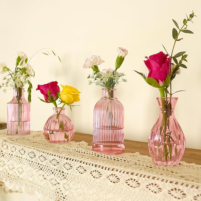 Pink Vase, Bud Vases Set of 12, Small Pink Glass Vases for Flowers Modern Ribbed Glass Bud Vase for Decor Wedding Flower Vase in Bulk Vintage Decor Bridal Shower Centerpieces Home Table Decoration