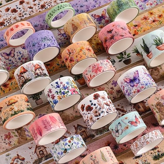 27 Rolls Vintage Washi Tape Set, Floral Butterfly Forest Mushroom Botanical Flower Writable Decorative Tapes for Scrapbooking, Junk Journal Supplies, Bullet Journaling 9.84ft Long/Roll