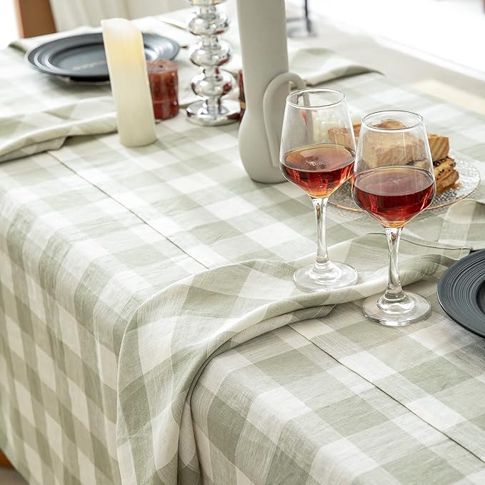EVERLY 100% Yarn-Dyed Linen Rectangle Tablecloths 60x108Inches for Dining,Buffet Parties,Picnic,Events and Restaurants,Decorative Halloween,Thanksgiving Machine Washable Tablecloths-Sage Green Plaid
