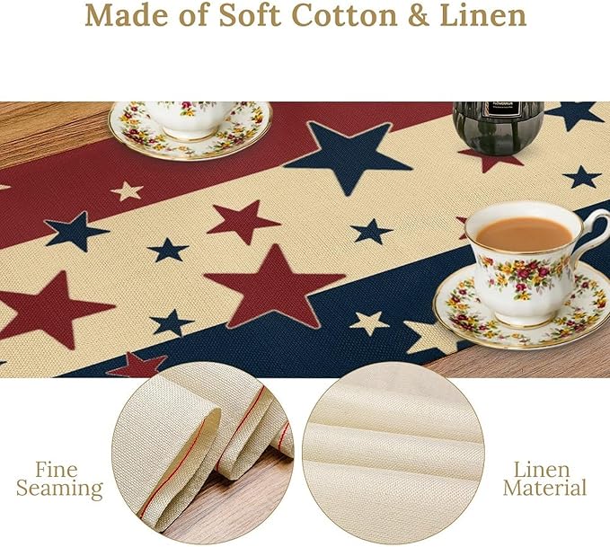 Memorial Day Table Runner, 4th of July American Patriotic Independence Day Stars Stripes Print Table Runne for Summer Holiday USA Home Decoration Party,13x60inch