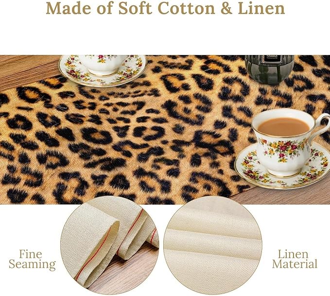 Leopard Print Dinning Table Runner, Cotton Linen Rustic Cottage Country Farm Safari Wildlife Fur Print Table Runners for Table Dresser Runner Dinning Kitchen Party Holidays Home, 13x60 Inch