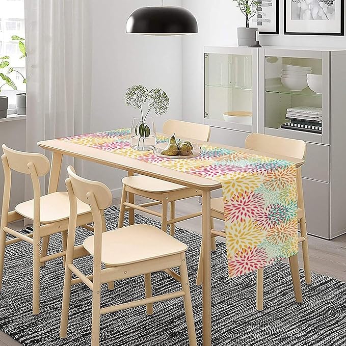 Abstract Flowers Table Runner, Chrysanthemum Dahlia Vintage Modern Colorful Spring Summer Elegant Table Runner for Party Kitchen Dining Living Room Laundry Room Decor, 13x90 Inch