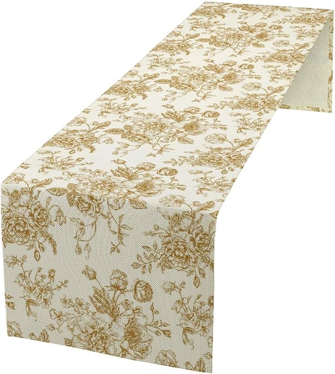 Retro Floral Table Runner, Golden White Wildfloral Sketch Print Kitchen Dinning Table Runner for Indoor Outdoor Home Wedding Party Holiday, 13x36 Inch