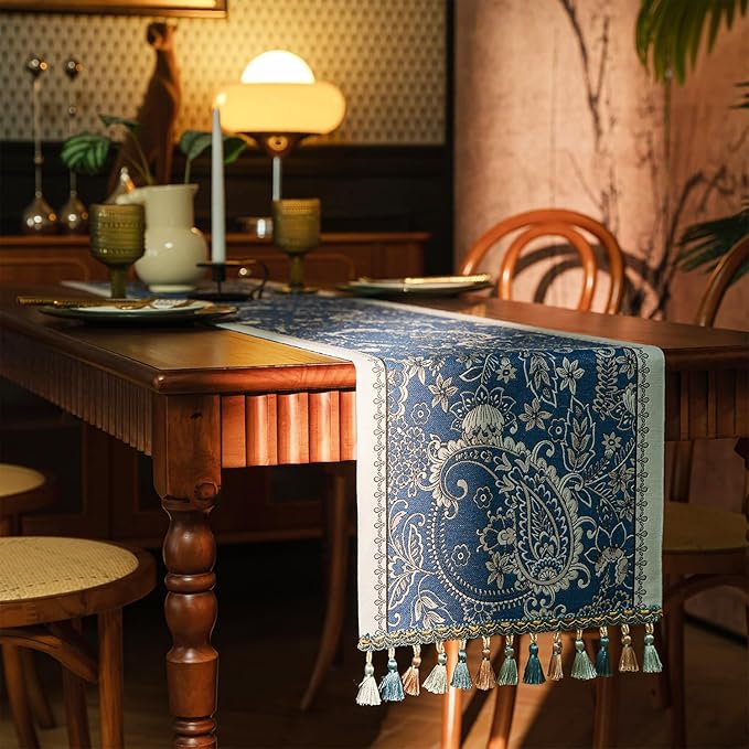 13×72 Inch Table Runner, Retro-Luxury Tassels Series for Kitchen Dining Table Holiday Decoration (Blue Pheonix)