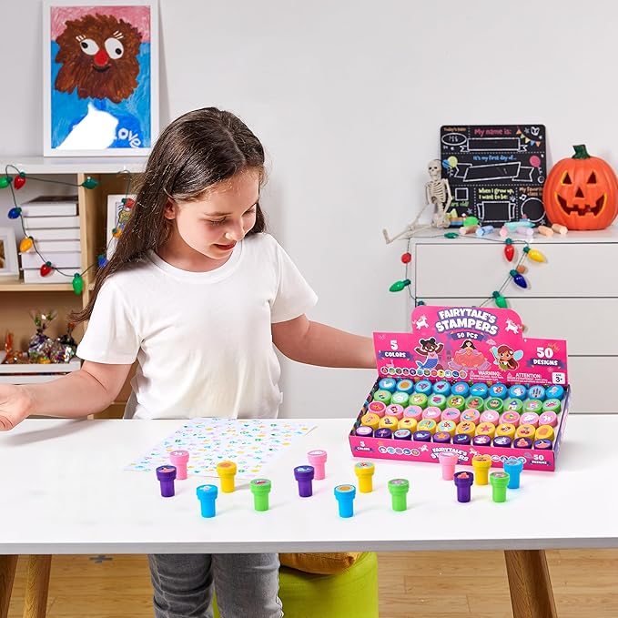 JOYIN 50 Pcs FairyTale's Themed Stamps for Kids - Self-Ink Stamps with 50 Designs for Birthday Party Favor, Carnival Prizes, Goodie Bag, Halloween, Christmas (Mermaid, Princess, Unicorn Stampers)