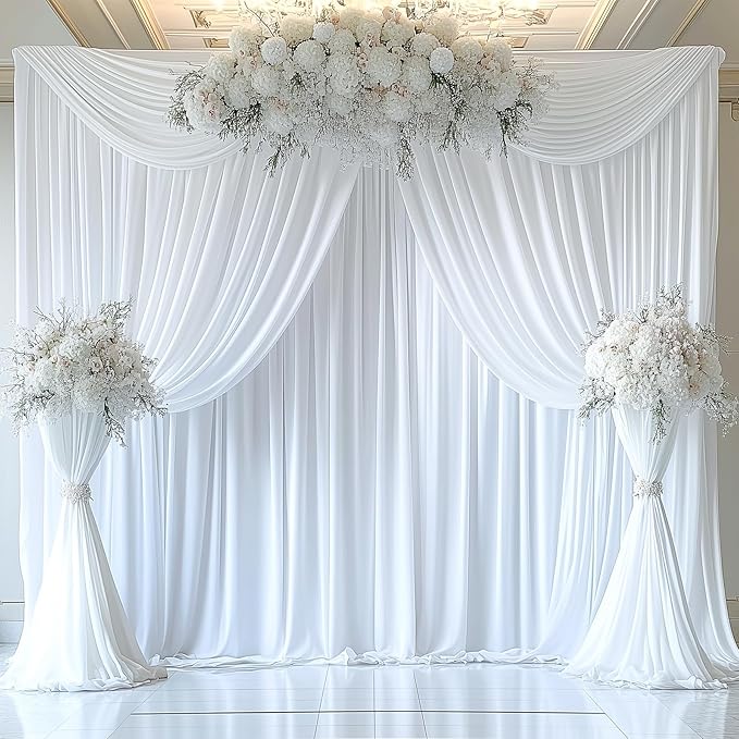 10ftx12ft Wrinkle Free White Backdrop Curtain, 2 Panels 12FT Height White Wedding Backdrop Drapes, Silky Polyester Back Drop Cloth for Birthday Photography Background Party Backdrop Draping