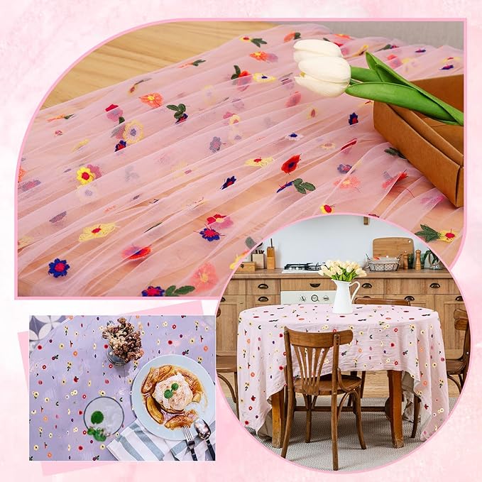 3PCS Pink Floral Table Runner 10 FT, Embroidery Daisy Table Runners Seasonal Sheer Tulle Table Runner for Thanksgiving Wedding Birthday Baby Shower Party