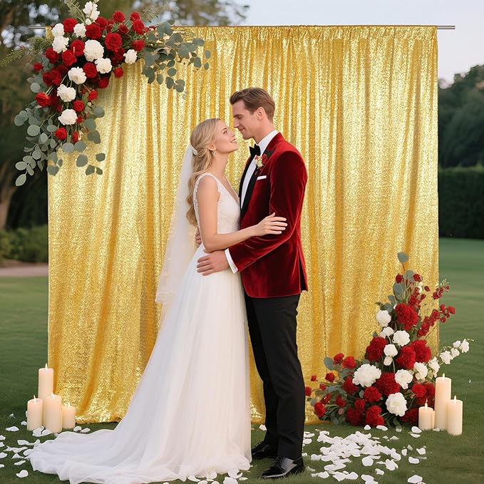SquarePie Sequin Backdrop Curtain Not See Through Background for Wedding Party 10FT x 10FT Gold