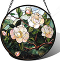 Stained Glass Suncatcher, Light Pink Flowers Green Leaf Sun Catcher Plant Stain Glass Window Hanging Decoration Mother's Day Birthday Gifts for Women Men Mom Nana 15 in