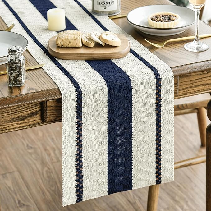 Artoid Mode Dark Blue Farmhouse Woven Rustic Table Runner, Seasonal Holiday Hollow Kitchen Dining Table Decoration for Home Party Decor 12x60 Inch