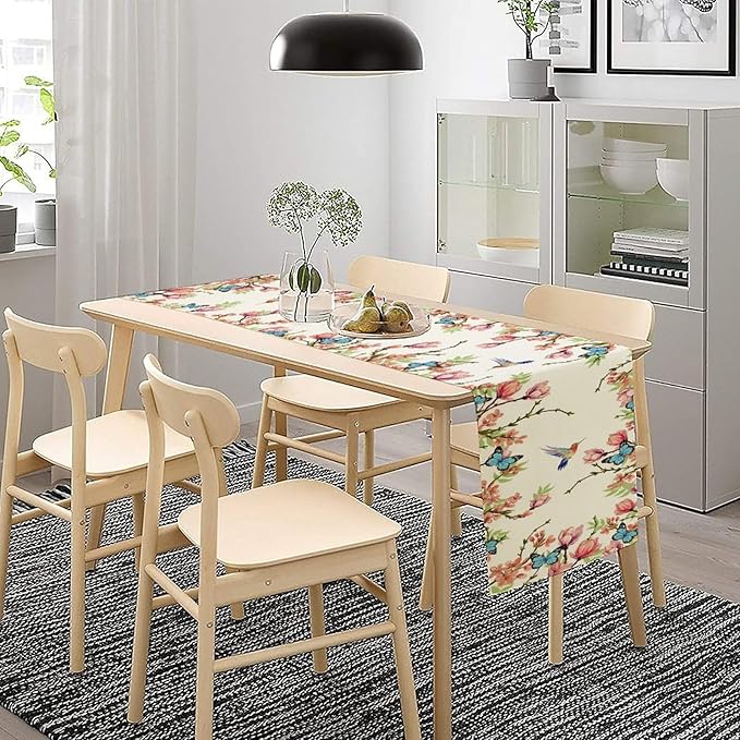 Floral Butterfly Table Runner Seasonal Spring Flower Bird Table Decoration Table Runner for Home Party Decoration 13x60 Inch