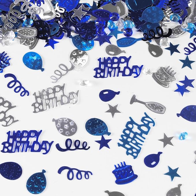 VHUWE Happy Birthday Confetti, 1.6 oz Dark Blue Light Blue Silver Cake Balloon Star Goblet Bottle Glitter Confetti for Boys Girls Kids Women Men Happy Birthday Party Table Decorations Supplies