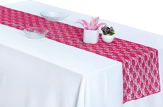MDS Pack of 20 Wedding 12 x 108 inches Lace Table Runner for Wedding, Decorations for Birthday Parties, Banquets, Graduations, Engagements, and Runners fit Rectangle, Round Table- Magenat