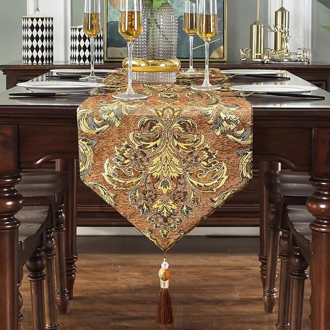 Vintage Table Runner 13x98 Premium Chenille for Thanksgiving Party Fireplace Decorations - Caramel