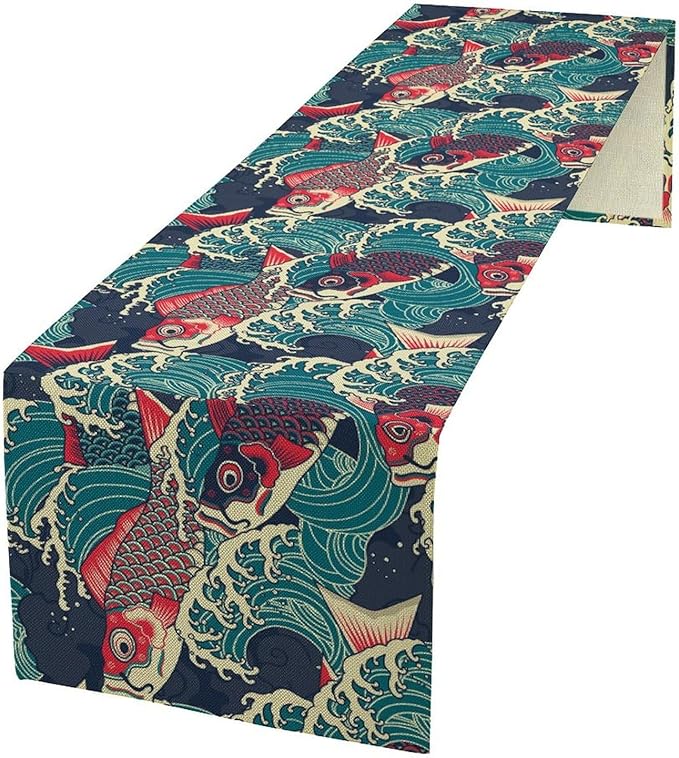 Kio Fish Table Runner Waves Japanese Tradition Art Printed Burlap Runner Home Kitchen Dining Table Living Room Decor Fabric 1 Panel W13xL60in