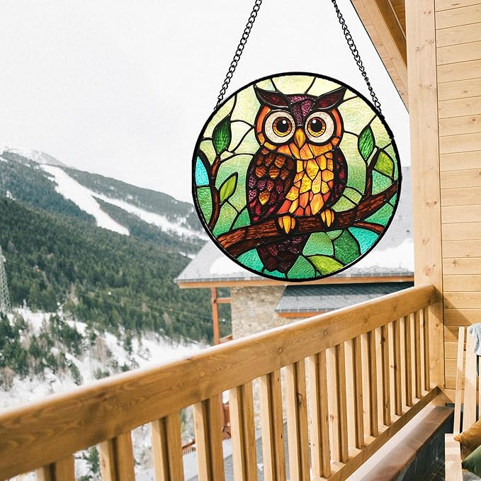 Stained Glass Window Hanging - Owl on a Branch Suncatcher for Doors Window Home Orange Brown Sun Catchers Decor Christmas Mother's Day Birthday Gifts for Teacher Women Men Mom Nana 7.8 in