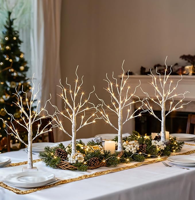 EAMBRITE Home Decorations Light Up White Birch Tree Indoor Christmas Decor, 4 Pack Battery Operated/USB Lighted Tabletop Money Tree Lamp Led Lights Easter Wedding Centerpiece Table Room (2 Ft)