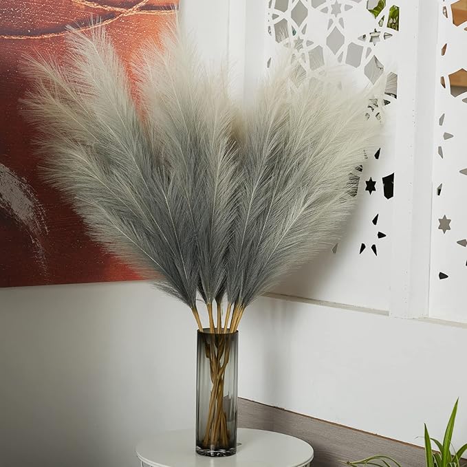 Faux Pampas Grass Decor, 6 Stems Artificial Pampas Grass - 43 inch Tall Pompass Grass Large Pompous Boho Flower Arrangement Home Decor for Room Wedding Party