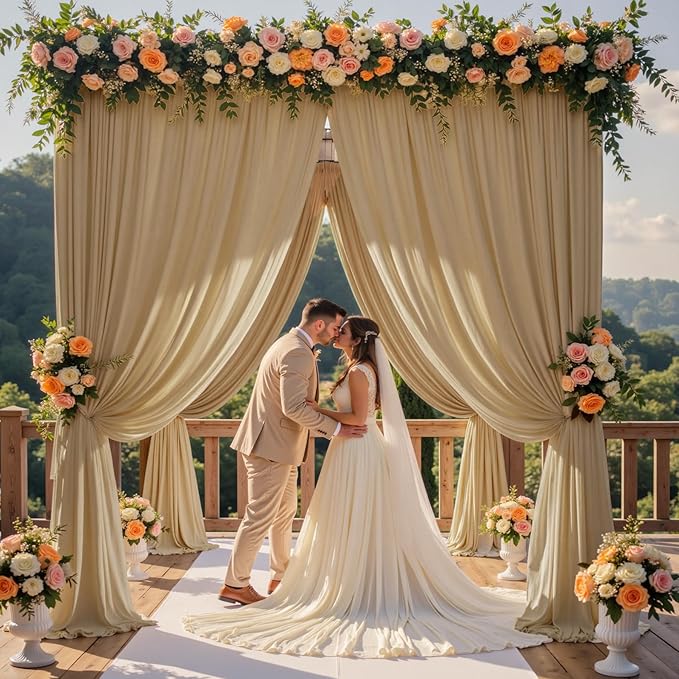 50ft x 15ft Beige Wrinkle Free Backdrop Curtains for Parties,Silky Polyester Fabric Wedding Ceiling Drapes, 10 Panels 15ft Photo Back Drop Drapes for Baby Shower Photography Stage Background Cloth