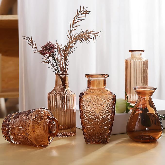 Amber Glass Bud Vases -Set of 20 for Flowers, Small Amber Bud Vases in Bulk for Centerpieces Decor, Mini Glass Set for Home Table Decorations