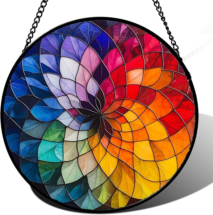 Stained Glass Window Hanging - Colorful Flowers Sun Catcher for Door Terrace Garden Home Decor, Abstract Gradient Suncatcher Birthday Gifts for Lovers Women Men Dad Mom Nana 11.8 in