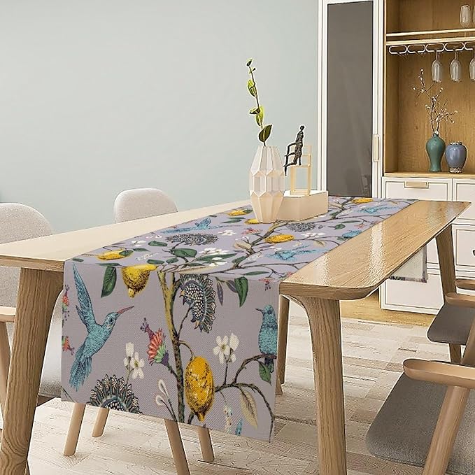 Table Runner with Flowers and Birds, Spring Plant Flowers Table Decoration Linen Table Runner Family Party Party Decorations 13x108 Inches